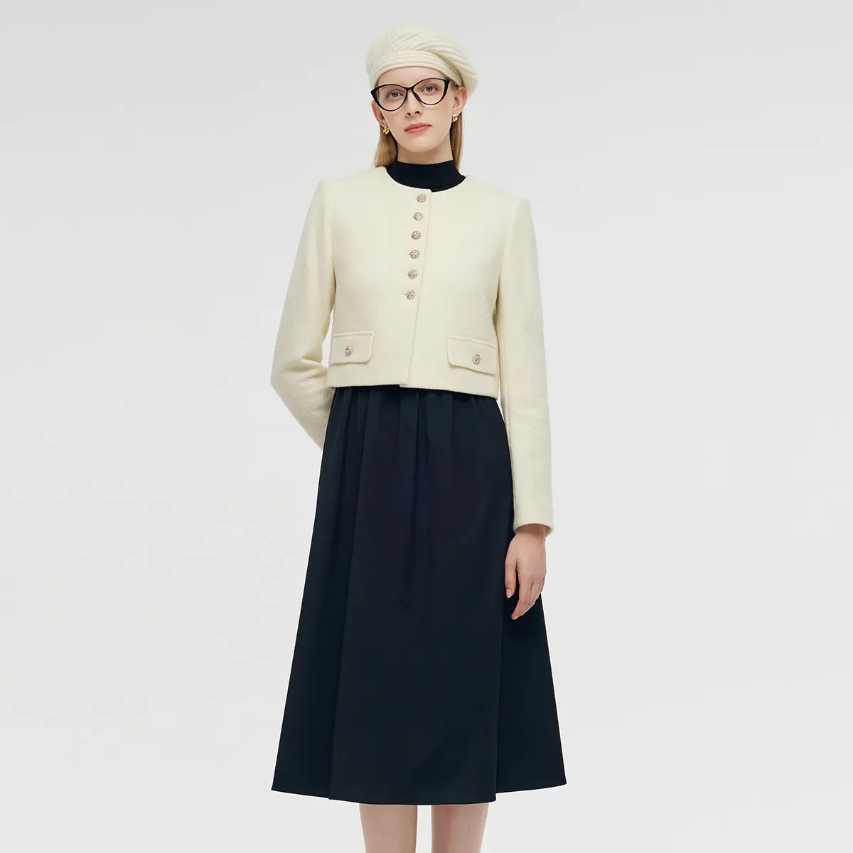 Women's GOELIA Wool Crop Jacket & Midi Dress 2-Piece Casual Wear Set
