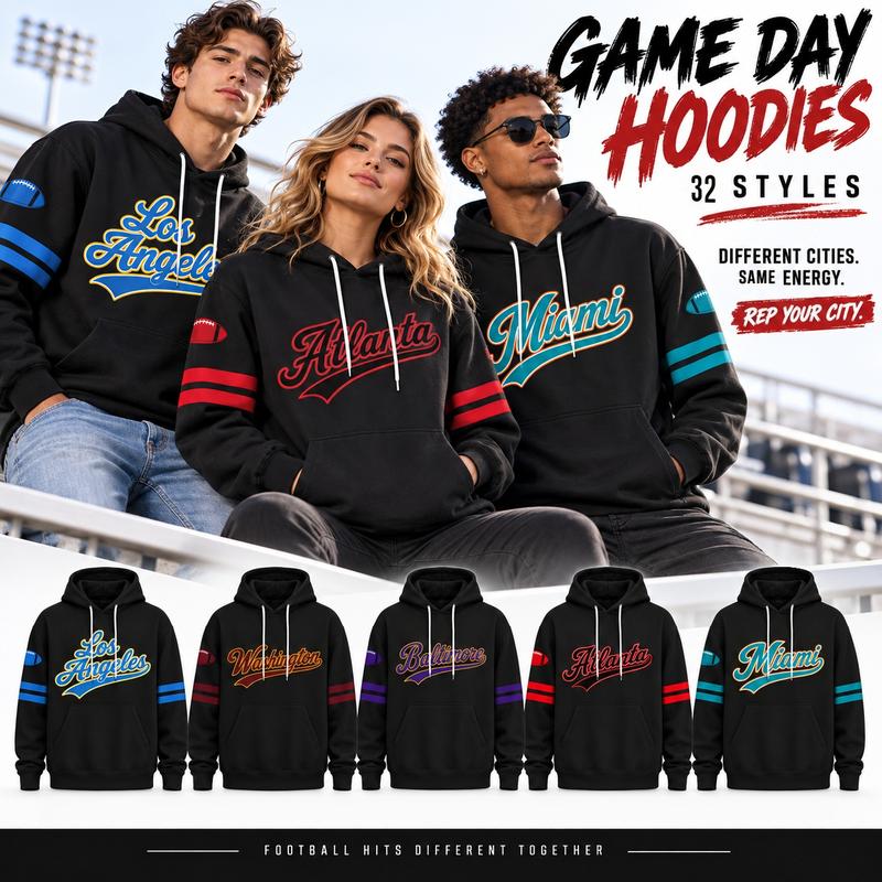 Unisex Football City Pattern Hooded Pullover Tops - Long Sleeve, Front Letter Prints, Back Helmet Design, Kangaroo Pocket, Street Fashion Game Day Wear, Autumn-Winter Casual Gift