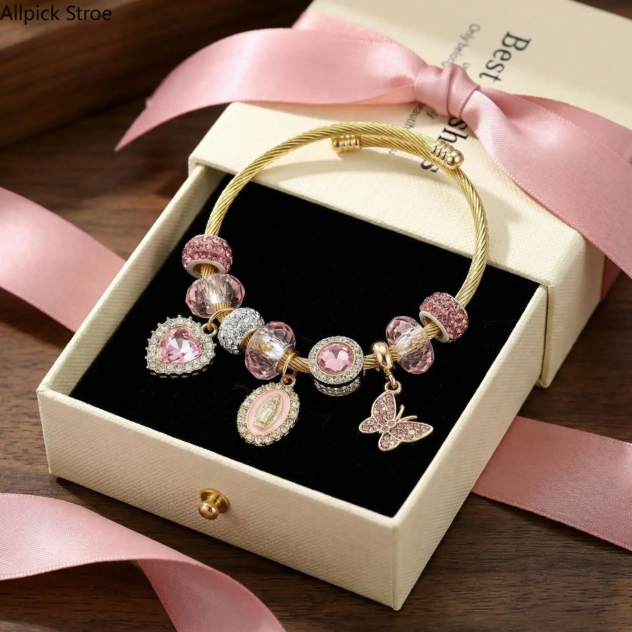 Women's Pink Heart Butterfly Virgin Mary Jewelry Bracelet - Elegant Design with Butterfly Motif, Heart Accents, Ideal for Birthdays