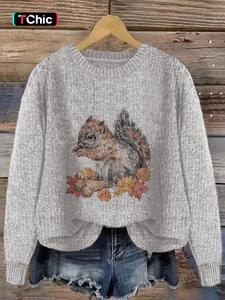 women's round neck cartoon squirrel print sweater, loose-fit casual knitted pullover for fall & winter, comfortable daily wear