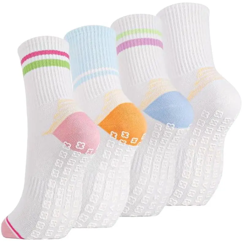 4 Pairs Pilates Grippy Socks for Women, Long Non Slip Yoga Socks with Grips Crew Socks for Pilates Barre Hospital