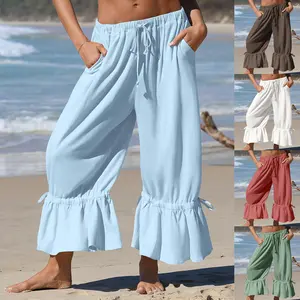 Women's Linen Wide Leg Cropped Pants, Pleated Texture Drawstring Tie Waist Loose Fit Casual Trousers with Side Pockets for Spring Summer Daily Wear