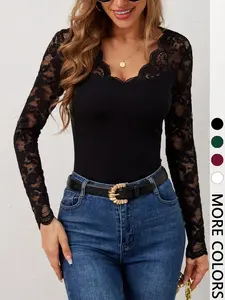 Women's Lace Patchwork Long Sleeve Top Sheer Lace Sleeve V Neck Slim Fit Stretchy Sexy Y2K Going Out Layering Top