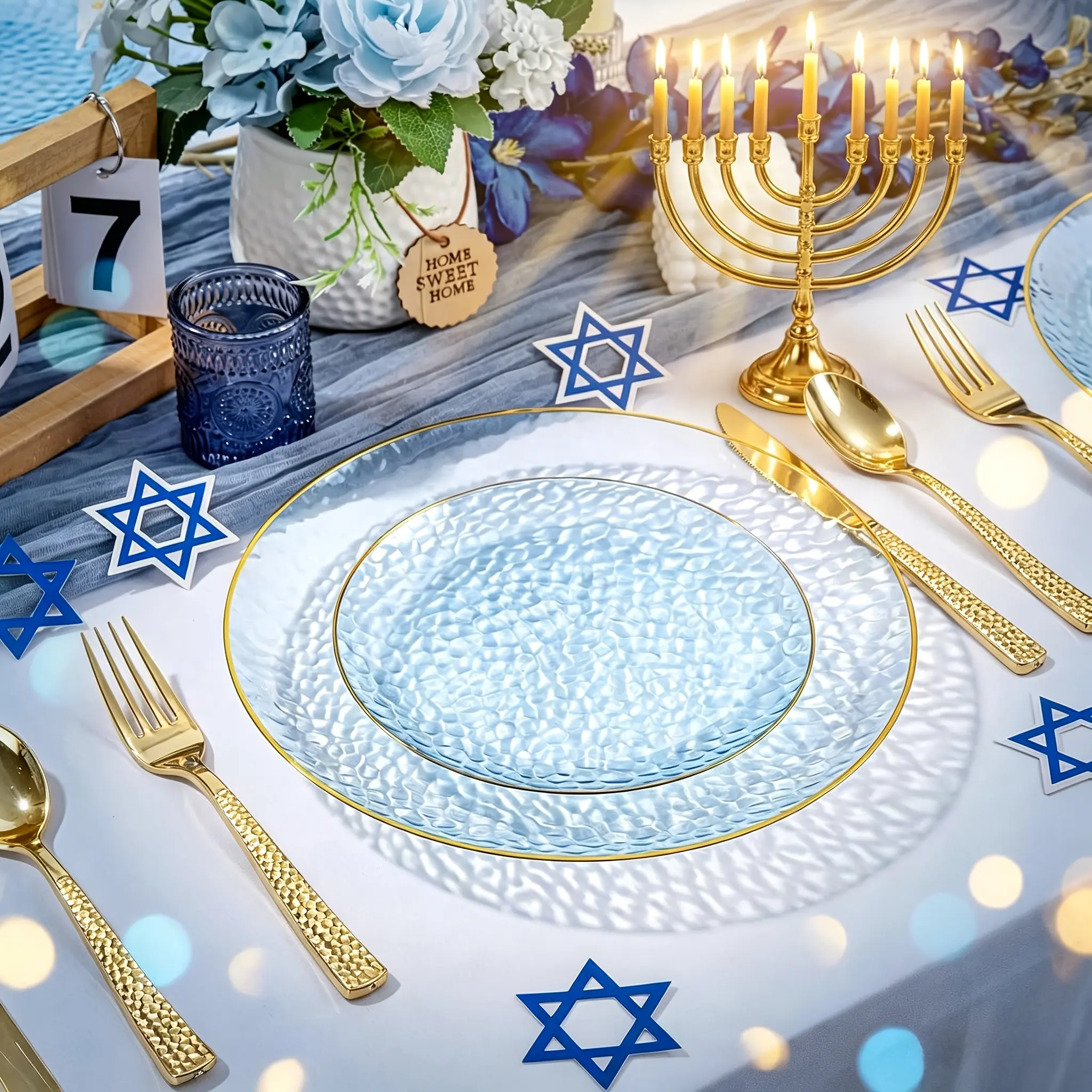 100PCS Blue Hammered Plastic Dinnerware Set for 10 Guests, Heavy Duty Transparent Disposable Plates, Cups, Cutlery & Napkins, Premium Party Supplies for Wedding, Birthday, Holiday & Baby Shower