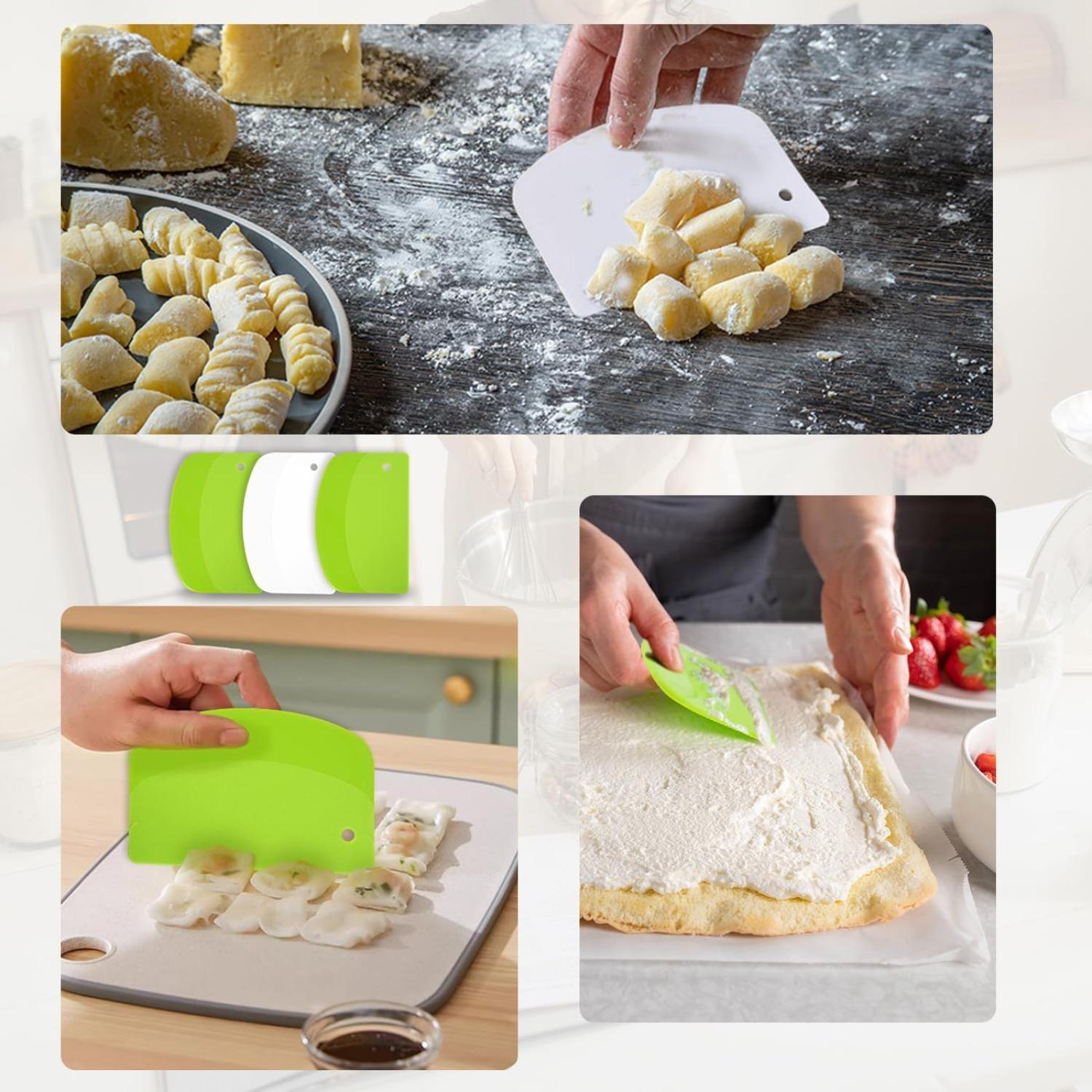 5 Pcs Bench Scraper, Bench scraper kitchen 2 Pcs Stainless Steel Dough Scraper with Wood Handle and 3 Pcs PP Food Scraper with Hanging Hole, Multipurpose Bread Dough Cutter for Baking