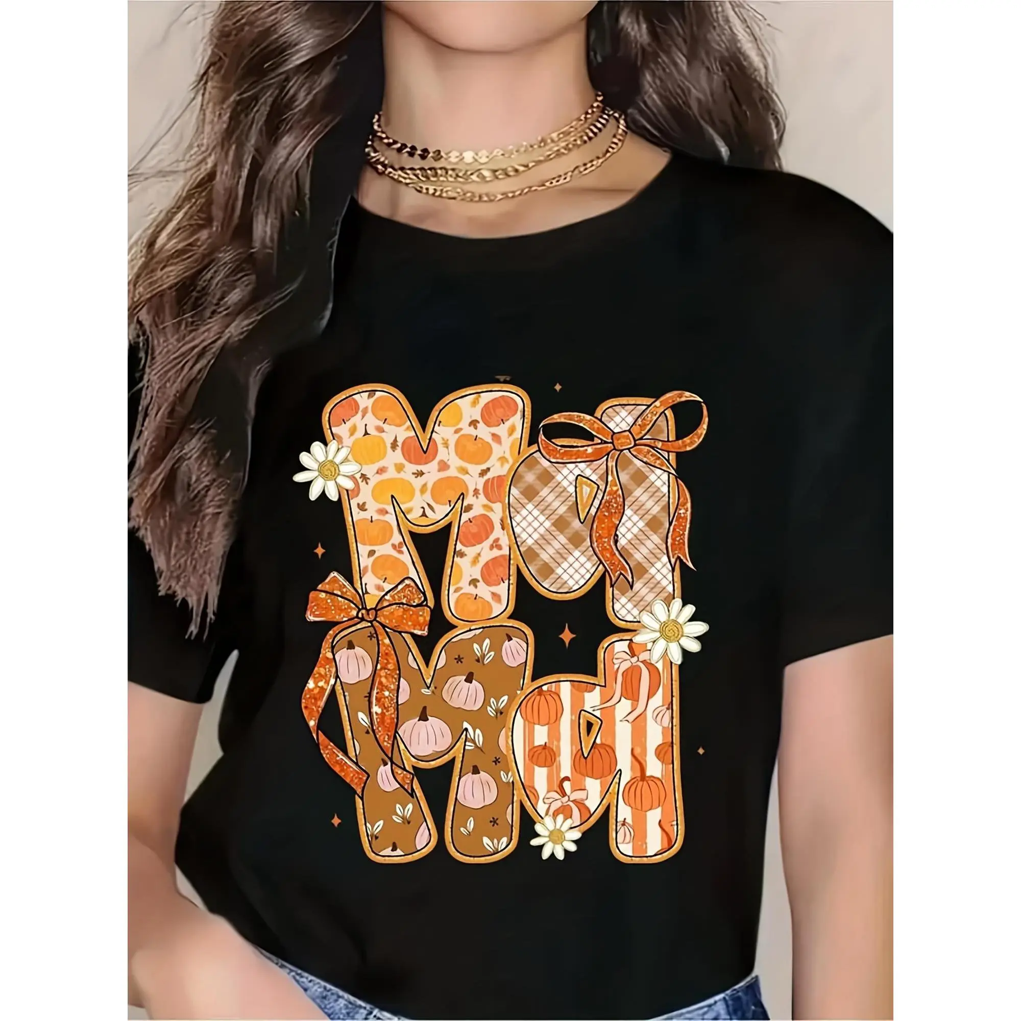Women 100% Cotton T‑Shirt, Fall Mama Multi‑Pattern Letter Graphic Tee Plaid Pumpkin Bow Daisy Crew Neck Short Sleeve Thanksgiving Autumn Casual Tee