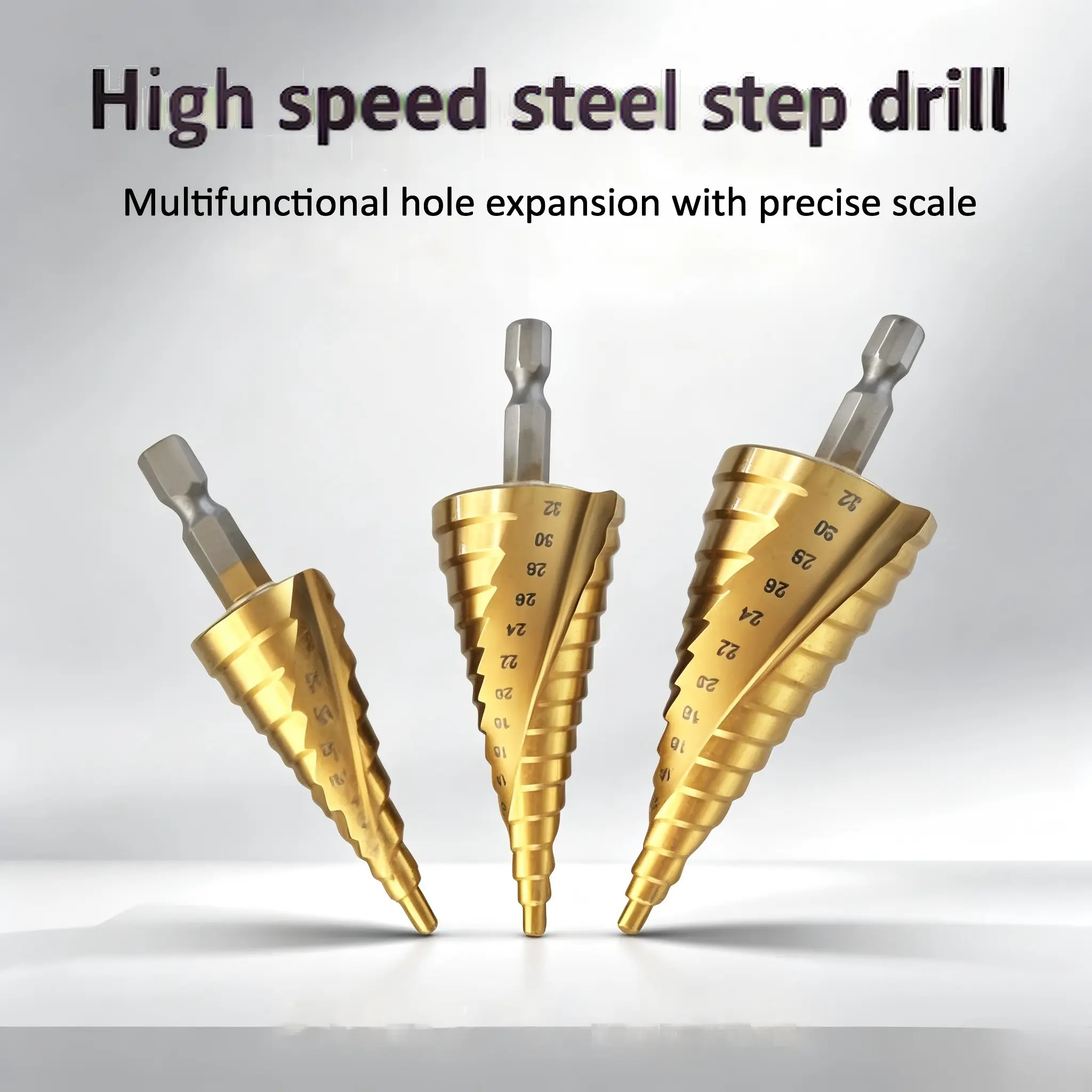 3-Piece Step Drill Bit Set, Hex Shank Spiral Flute, Titanium Coated, Sizes 4-12mm, 4-20mm, 4-32mm, Unibit Cone Drill Bits for Metal, Wood, Plastic, Multifunctional Drill Bit