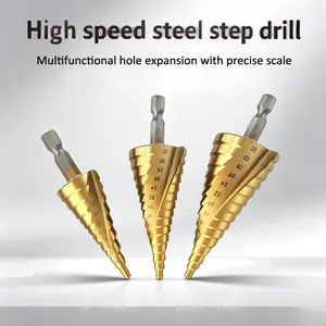 3-Piece Step Drill Bit Set, Hex Shank Spiral Flute, Titanium Coated, Sizes 4-12mm, 4-20mm, 4-32mm, Unibit Cone Drill Bits for Metal, Wood, Plastic