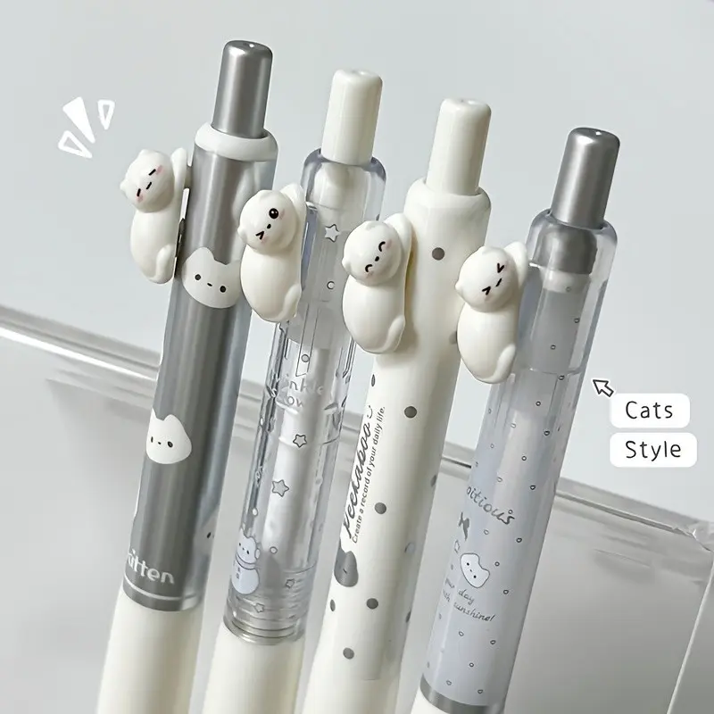 4-Pack Cute Cat-Shaped Push-Button Neutral Pens, 0.5mm Fine Tip, Gel Ink, Quick-Dry, School & Office Supplies, High Aesthetic Value