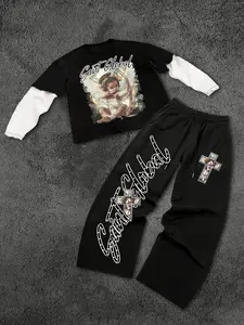 Y2K Streetwear Cupid Angel Graphic Two-Piece Set Unisex Fake Two-Piece Long Sleeve T-Shirt and Baggy Cross Sweatpants Casual Daily Streetwear Matching Outfit Matching Sets