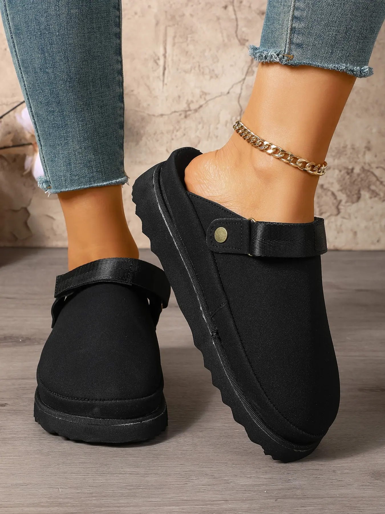 Large Size Thick Sole Buckle Back Bokken Shoes, Spring Autumn New Arrival, Leather Velvet Versatile Two-Wear Slippers for Women