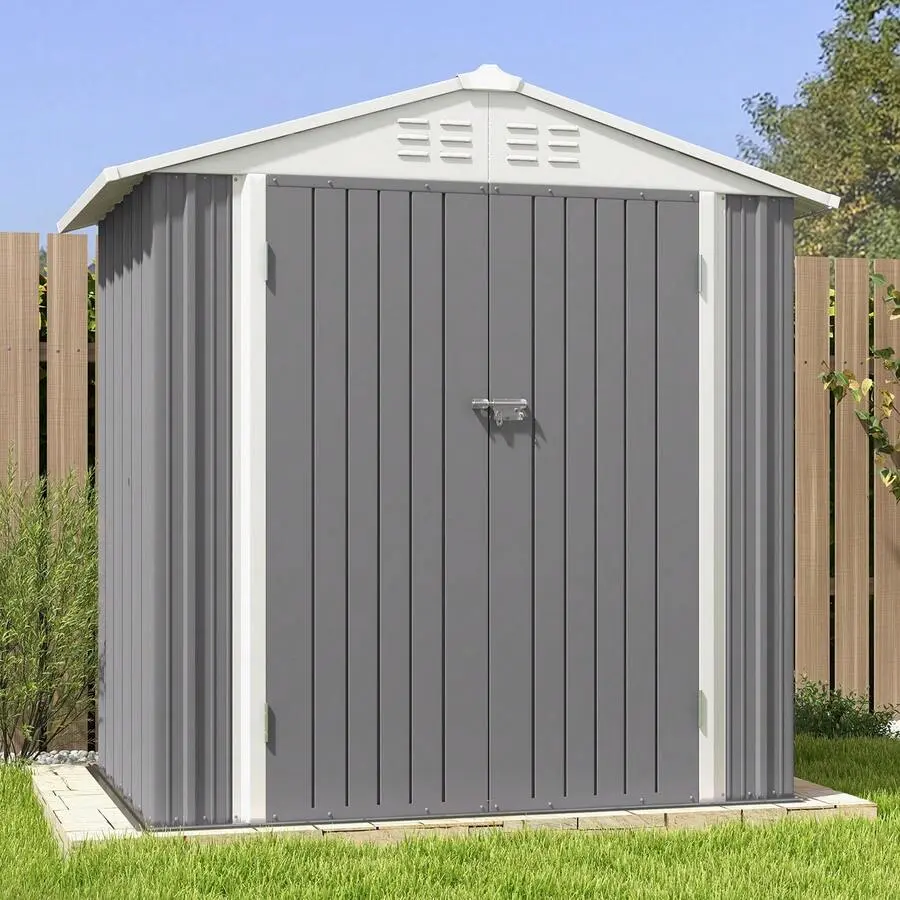 Flamaker 6x4 FT Outdoor Storage Shed, Double Lockable Doors & Sloping Roof Design, Heavy-Duty Tool Shed Backyard,, Patio & Lawn, Grey