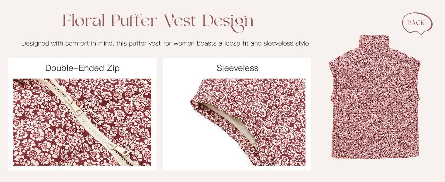 Imily Bela Womens Floral Oversized Puffer Vest Cap Sleeve Winter Warm Puffy Quilted Jackets Coa