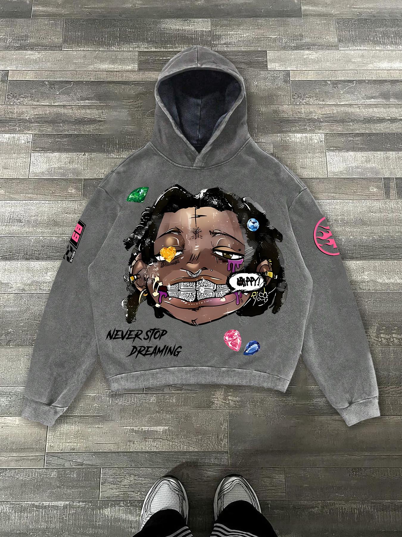 Men's Fashionable Street Character Print Hoodie, Loose Casual Long Sleeve Hooded Sweatshirt for Fall & Winter, Men's Clothes for Daily Wear