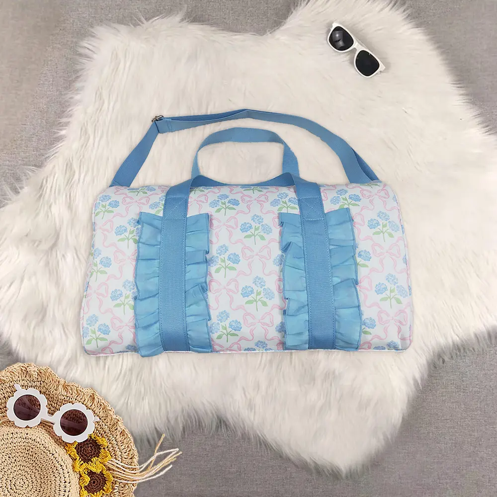 New Clothes Baby Kids Light Blue Floral Print Duffel Bag With Ruffle Band And Bow Carry Bag