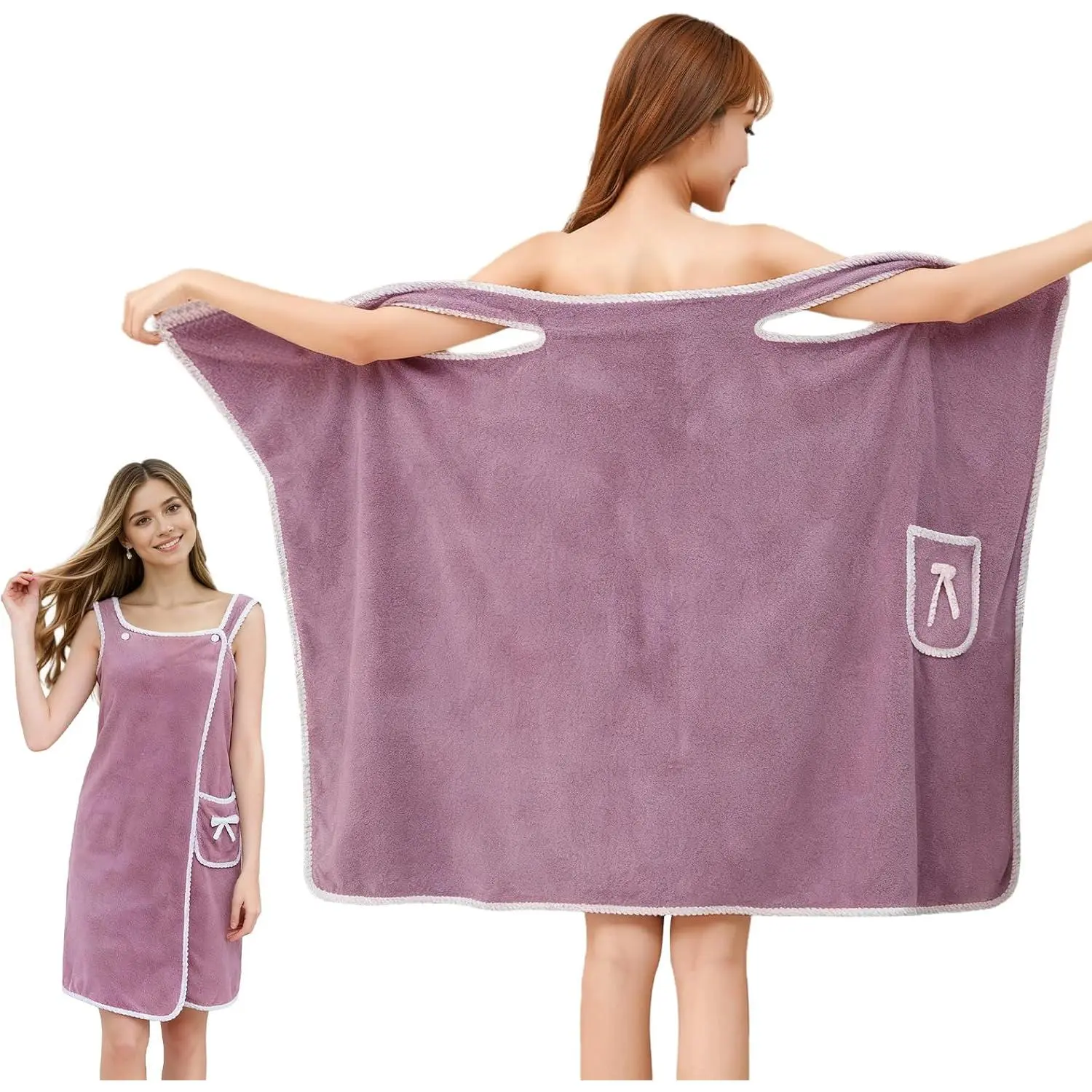 Bath Towel Wrap, Adjustable Shower Spa Towel with Pocket Bow Tie, Quick Dry Soft Lightweight Bath Skirt Wearable Robe for Women(Purple)