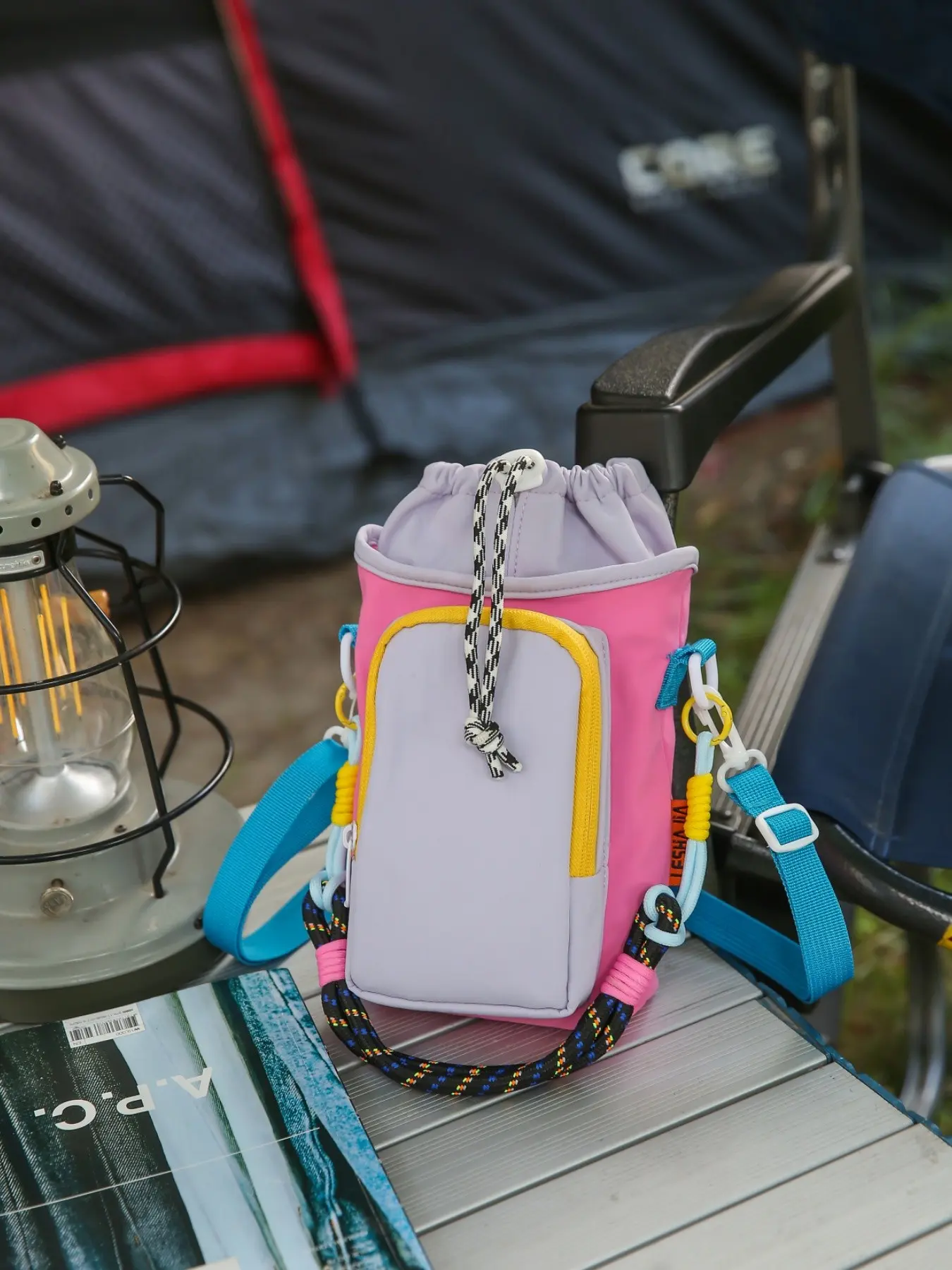 2026 Colorblock Outdoor Crossbody Bag, Drawstring Water Bottle Holder, Zippered Front Pocket, Wide Strap, Lightweight Camping Backpack, Multi Functional Bag