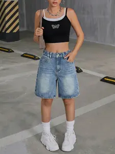 Tween Girls Boys Washed Light Wash Straight Leg DenimShorts, Teen Trendy Casual Versatile JeansHalf Pants, Mid Waist Loose-Fitting Zipper FlyStyle, Casual Streetwear Jeans
