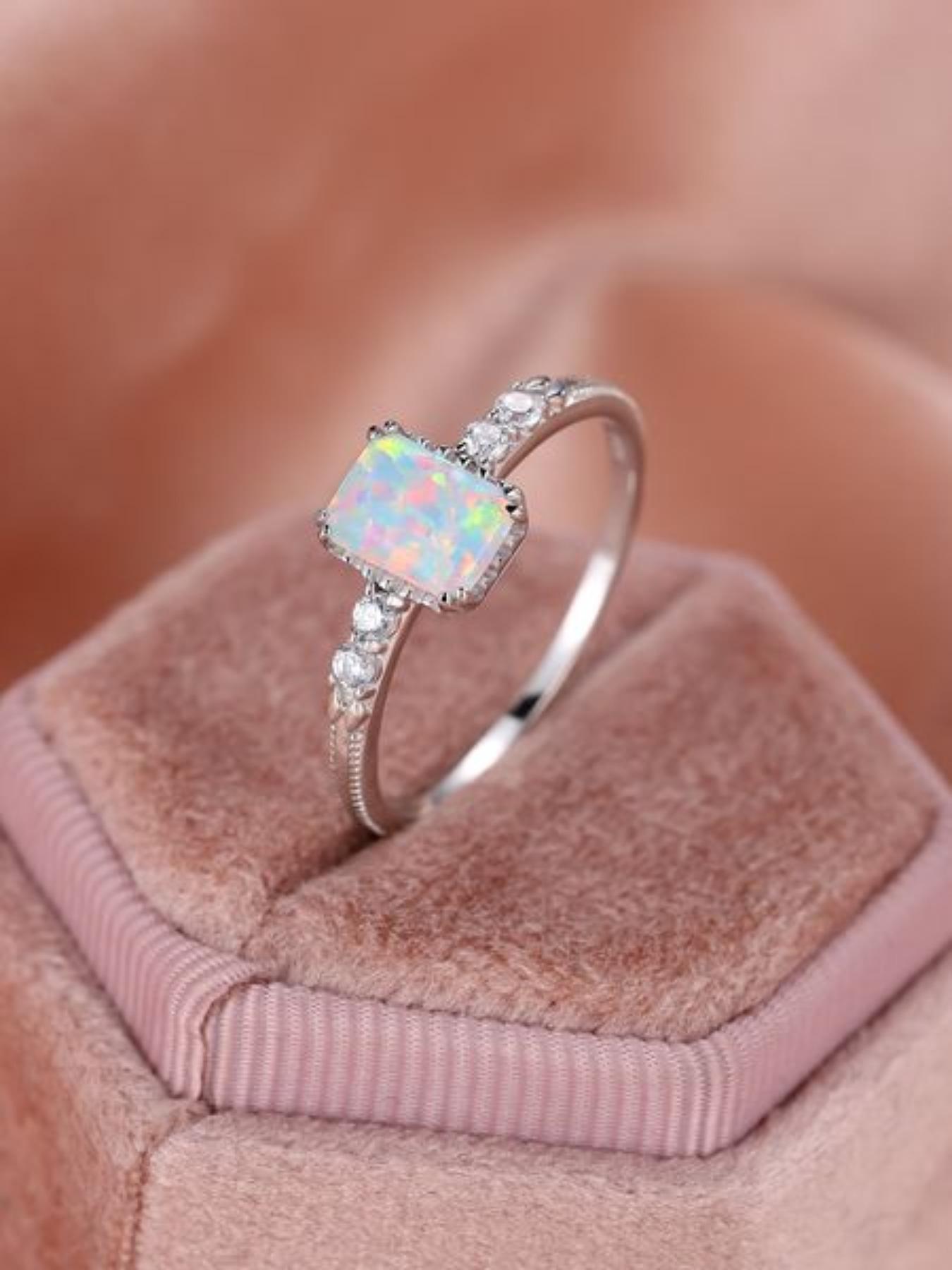 S925 Sterling Silver Fashion Rectangle Shaped Artificial Opal Ring, with Box, Simple Ring for Women, Trendy All-match & Exquisite Jewelry for Birthday Gift, Elegant Casual Ring