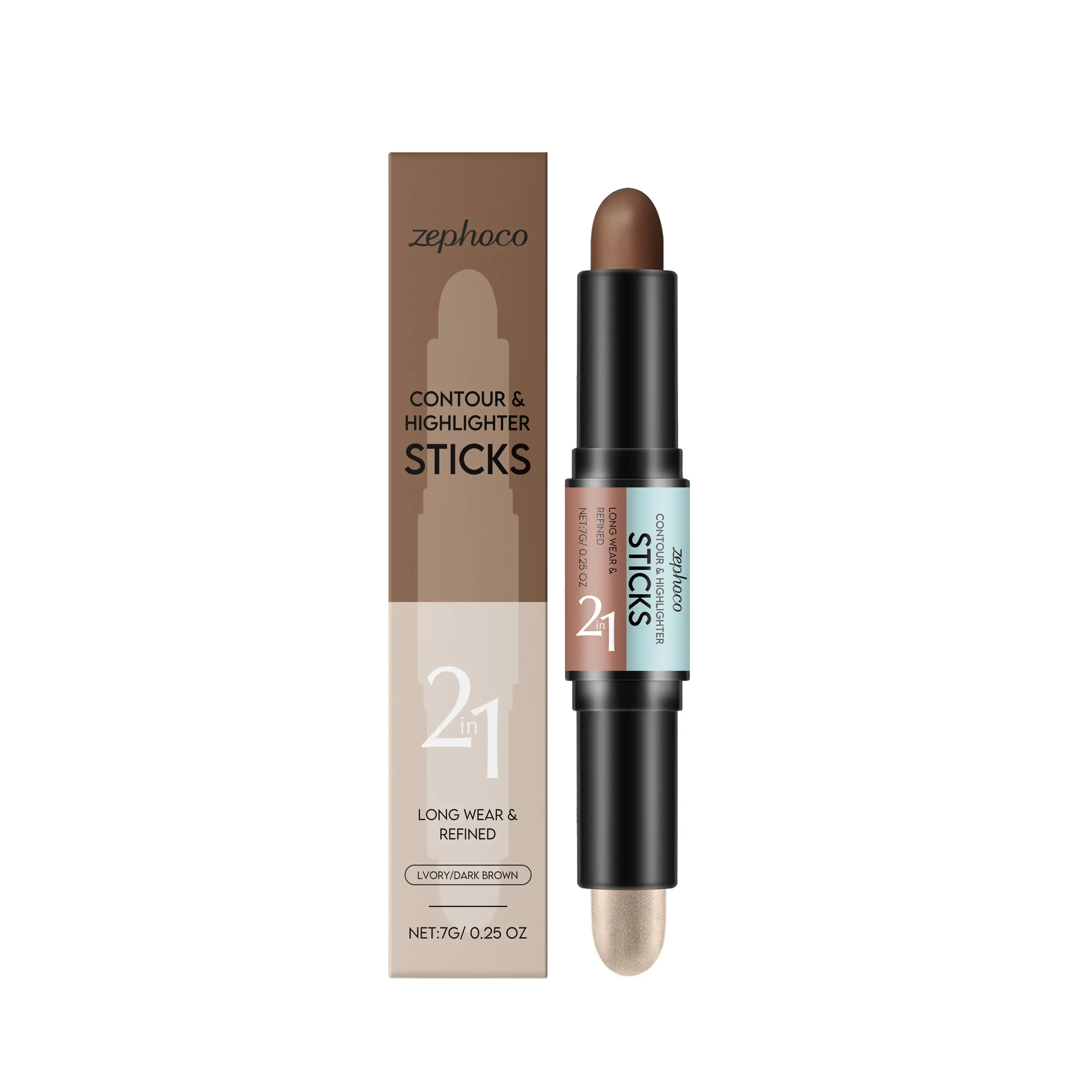Zephoco Coffee Cosmetic Makeup Set - Portable Dual-End Contour Highlight Cream Stick, Primrose Rose Eyeshadow Palette, Smooth Oil-Free Foundation, Silky Long-Wear Natural Adhesive Formula for Face Sculpting, Daily & Party Use, Blend, Gentle, Brightening,