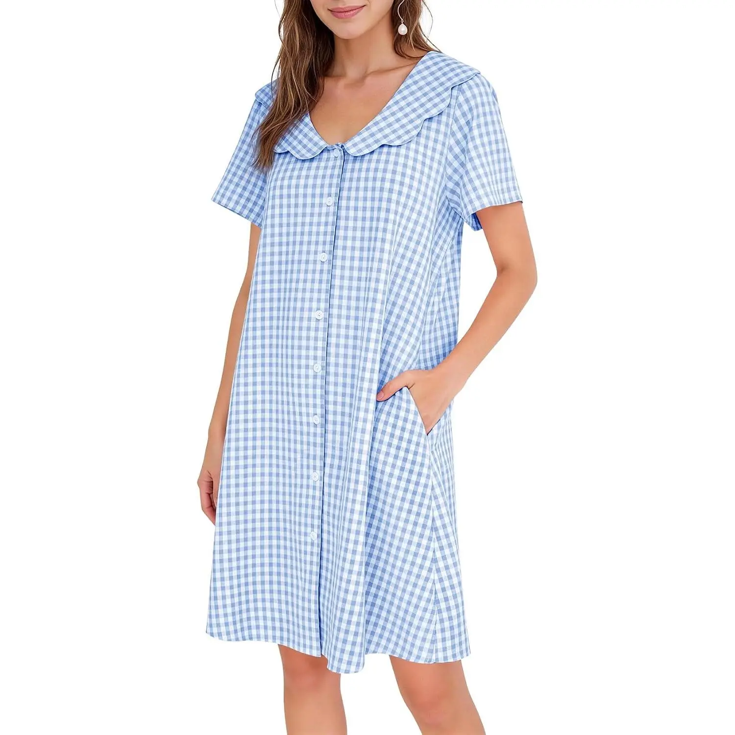 Kissonic Cotton Nightgowns for Women Gingham Scalloped Edge House Dresses with Pockets Button Down Summer Night Gowns