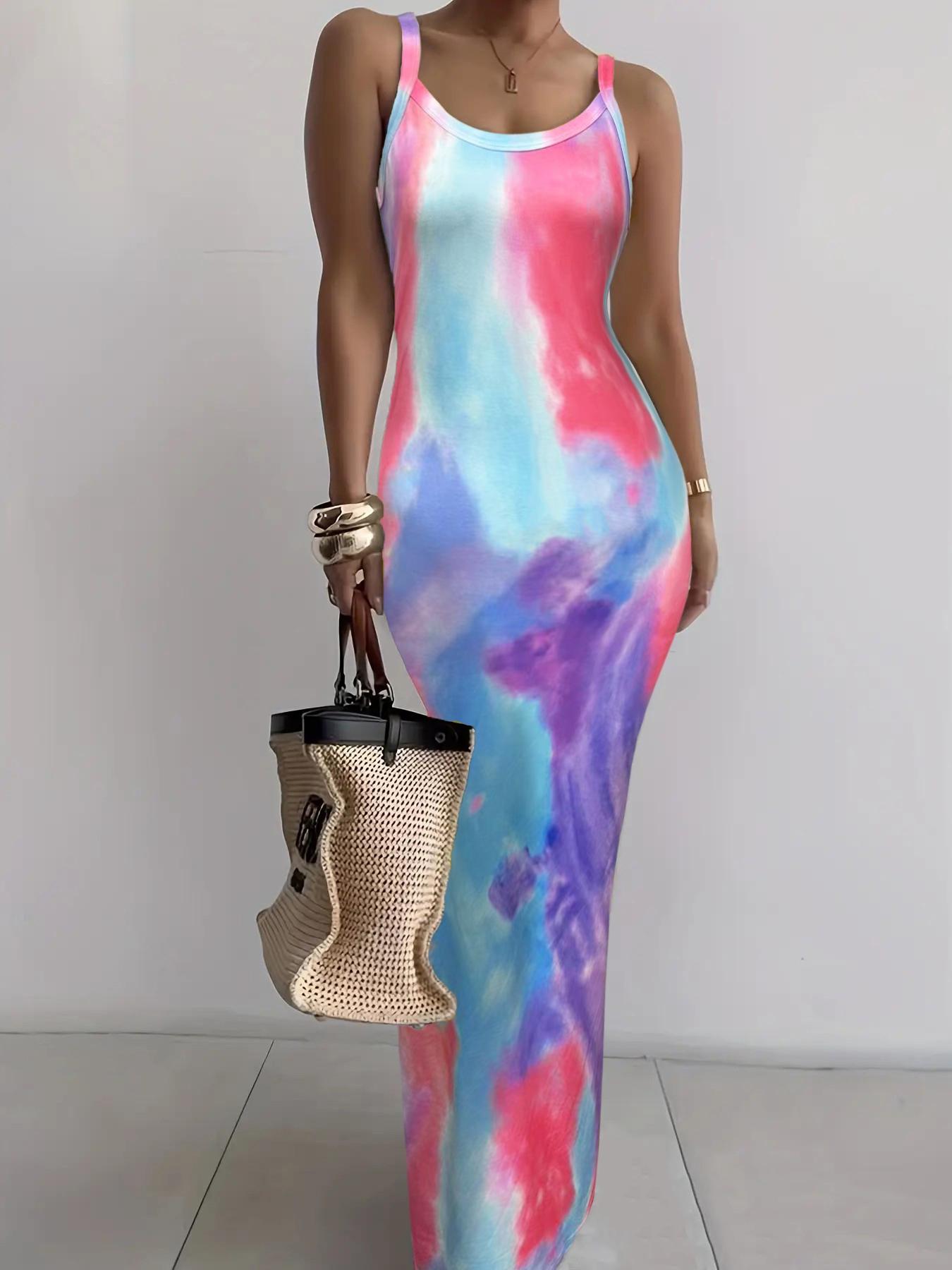 Women's Random Print Bodycon Dress, Elegant Sleeveless Long Dress for Beach Holiday Vacation, Ladies Summer Clothes, Sun Dresses, Casual Wear