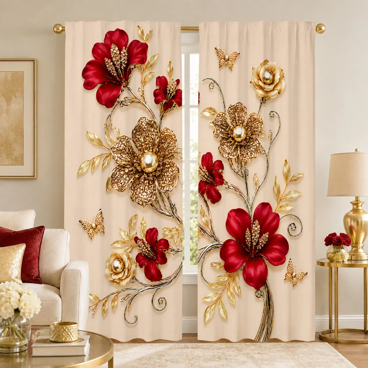 Luxury red and gold floral and butterfly print semi-transparent curtains, suitable for living room and bedroom decoration, two-piece fabric hanging curtains, Sheer Curtain