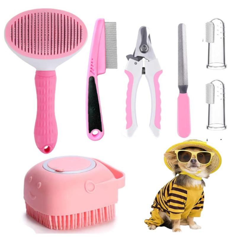 7-Piece Pet Grooming Kit for Cats & Dogs: Self-Cleaning Slicker Brush, Nail Clippers, File, and Shedding Remover