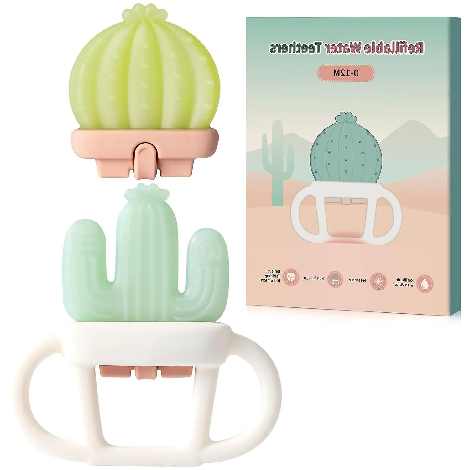 2 Pcs Baby Teether Toy - Water Fillable Teething Relief for Infants 0-12 Months, Silicone Baby Teething Toys Chill Teether, Cools & Massages Sore Gums (Green Cactus)Gift