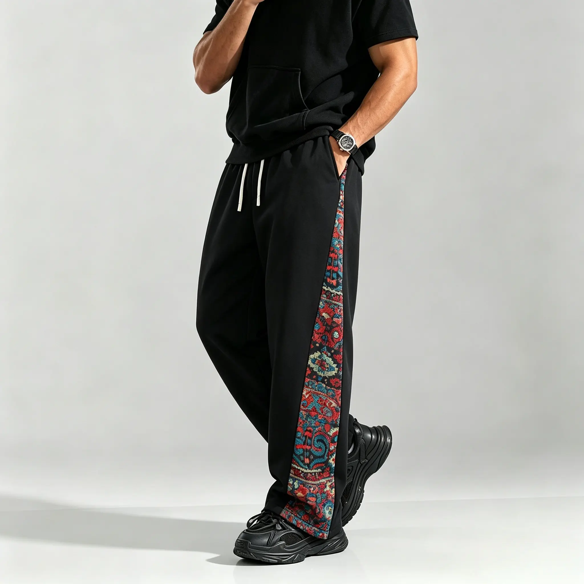 Men's Vintage Ethnic Tribal Print Loose-Fitting Fleece Joggers - Drawstring Double Waist, Zipper Closure, Elastic Cuffs, New Fabric, Thin Casual Comfort for Skating, Hiking, Polyester Pants