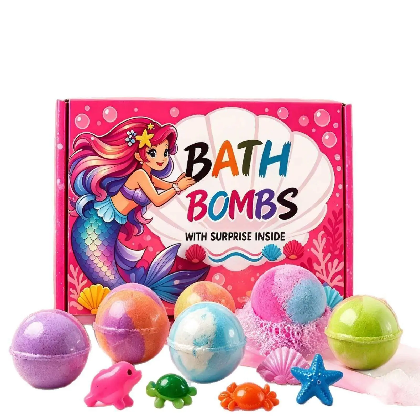 Children Bubble Bath Salt Balls Set, 12 Ocean Mermaid Essential Oil Bath Bombs, Gentle on Skin, Embedded Cartoon Toys, Perfect for Holidays