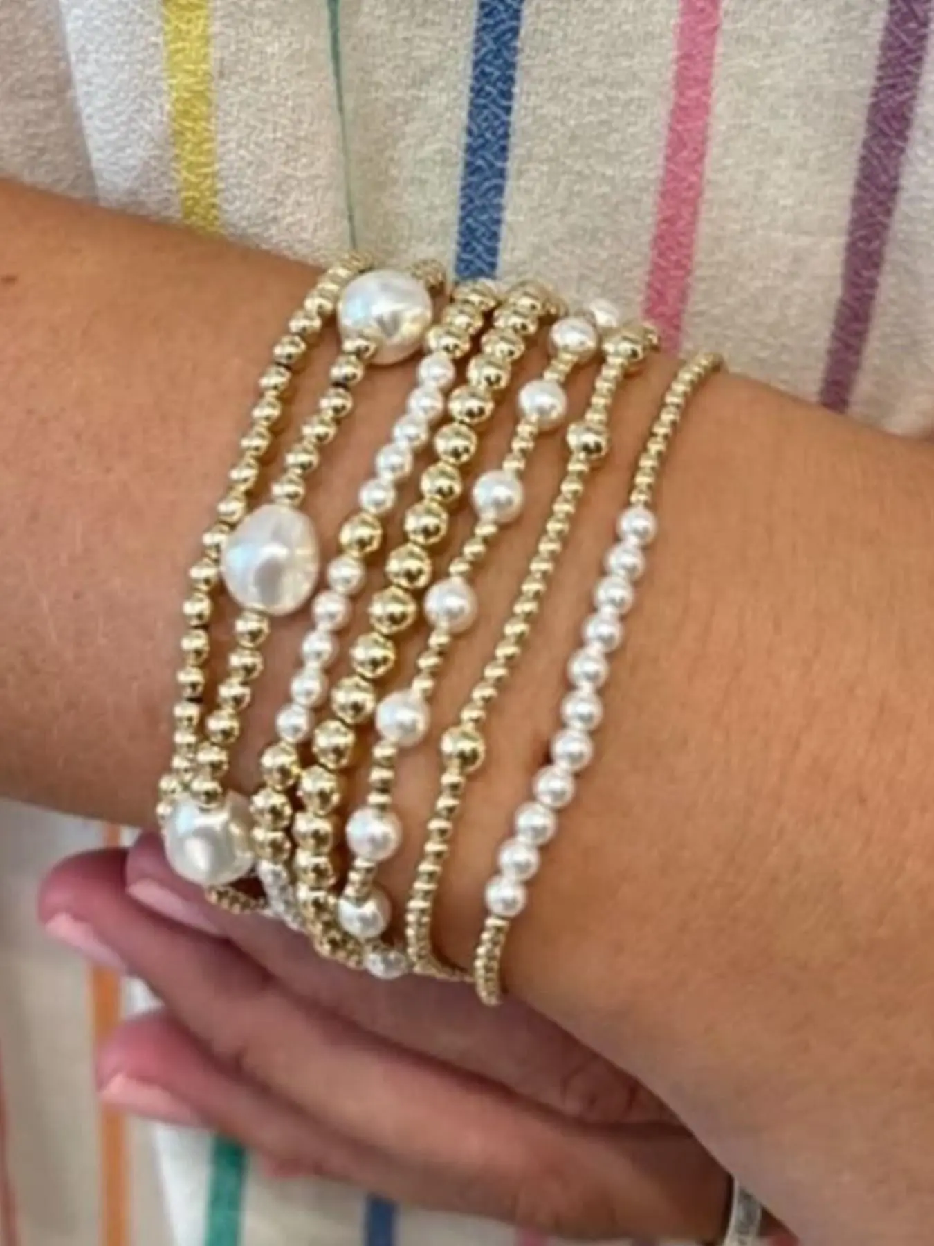 7 Pcs Beaded Artificial Pearl Layered Elastic Bracelet Set, Women's Stackable Bracelets for Daily, Vacation, Party Wear, Beaded Bracelet Sets