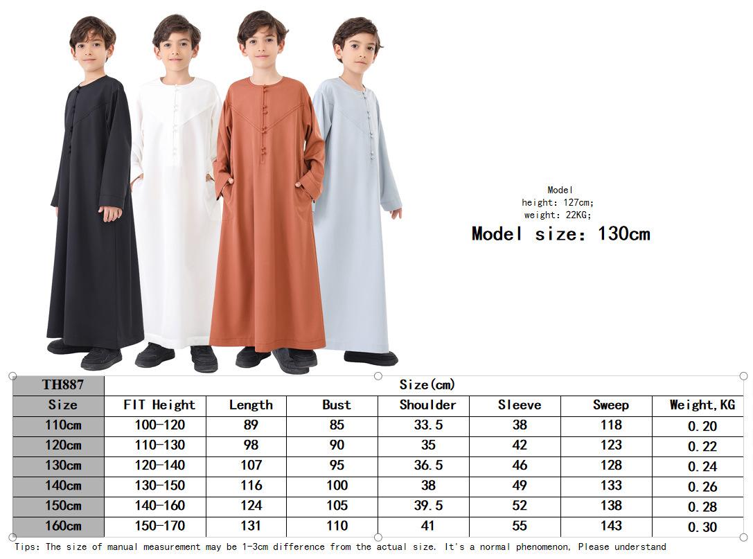 Boys' Solid-Color Buttoned Robe - Polyester-Blend Fabric for Daily Casual Wear Long Sleeve Arabic Boys Thobe