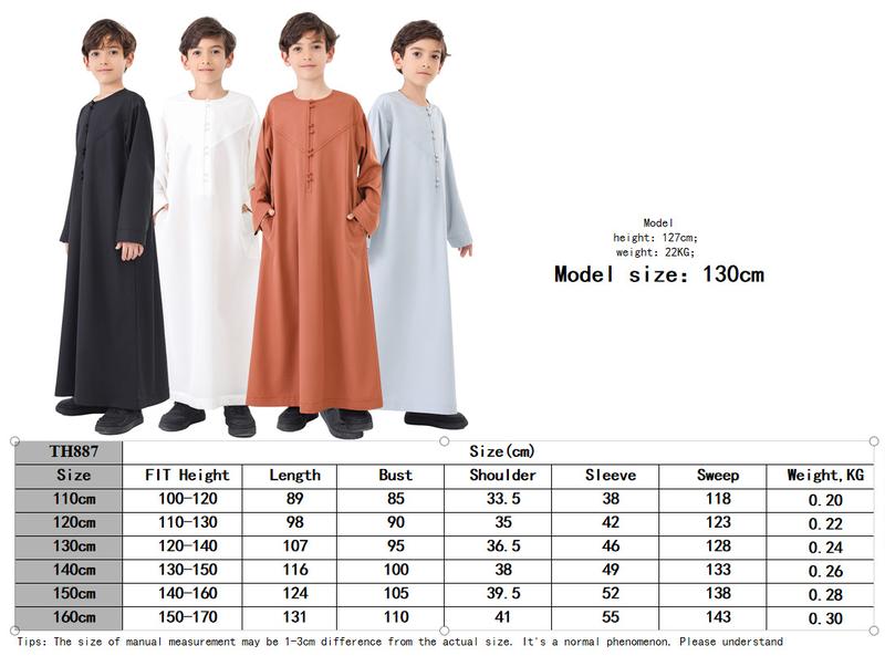 Boys' Solid-Color Buttoned Robe - Polyester-Blend Fabric for Daily Casual Wear Long Sleeve Arabic Boys Thobe
