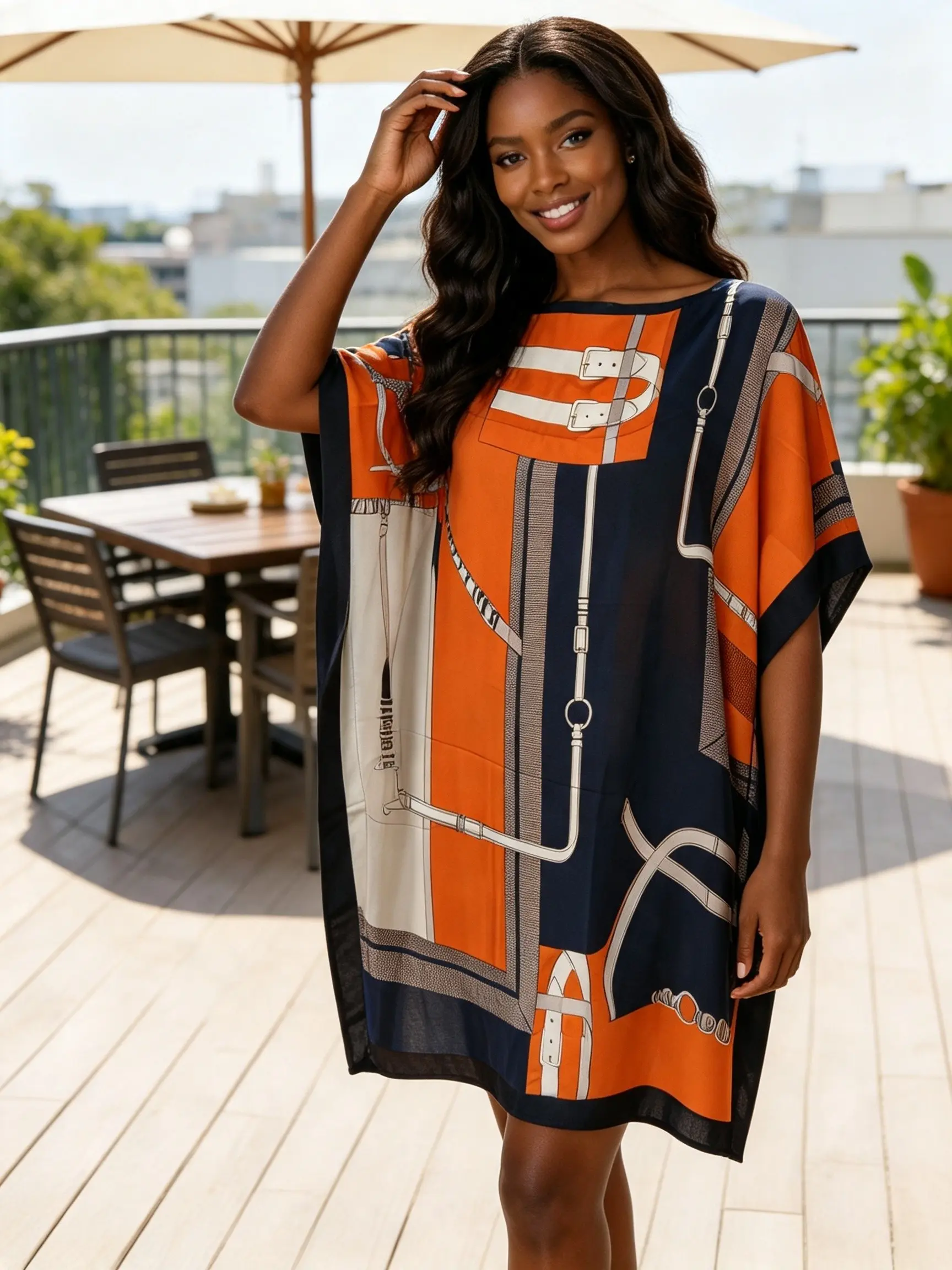 Women's Loose Kaftan Long Shirt, Vintage Equestrian Chain Print, Batwing Sleeve, Breathable Outerwear, Casual Home Wear