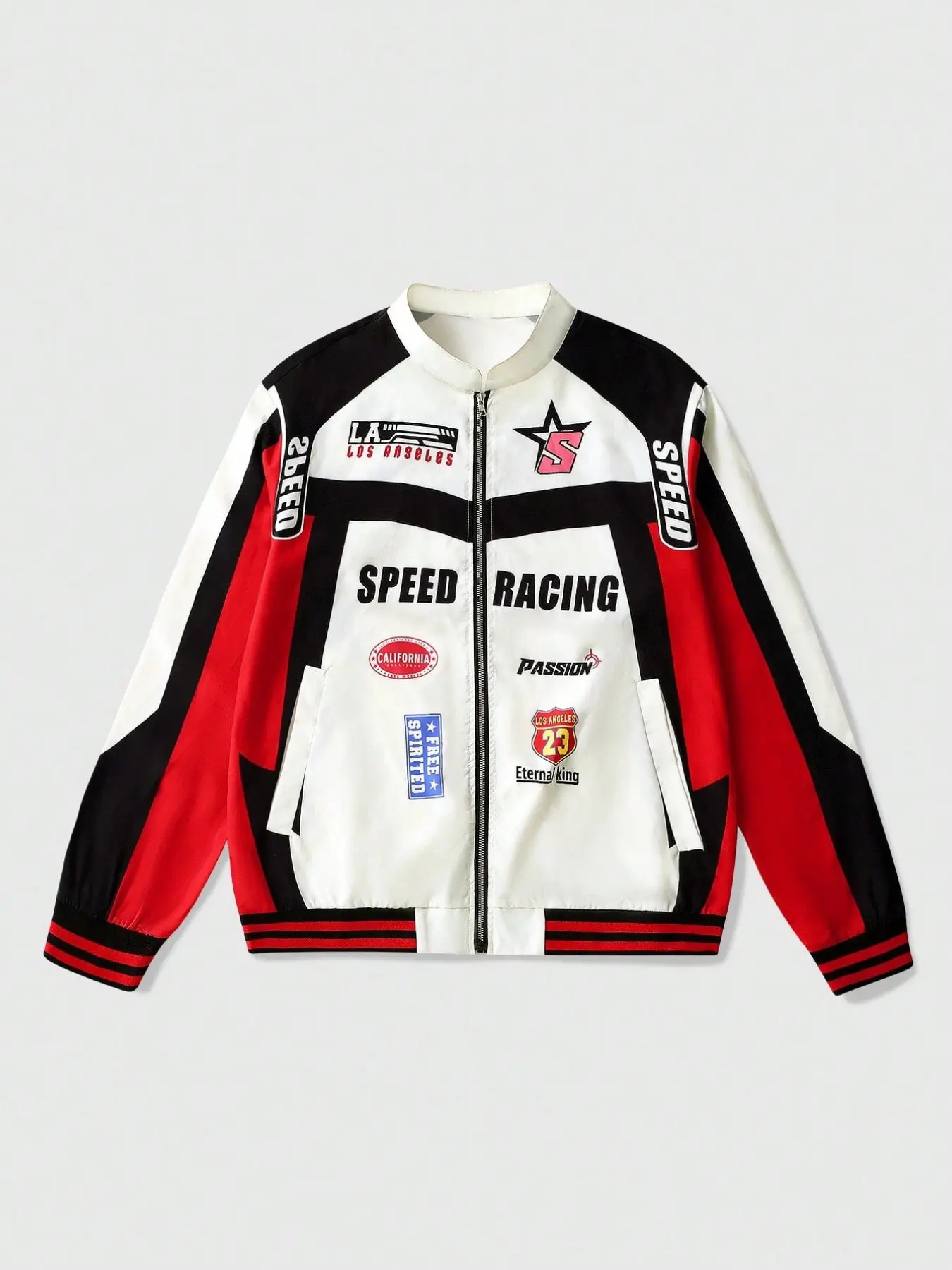 Y2K Motorcycle Style Men's Racing Jacket, Zipper Stand Collar Baseball Coat with Speed Racing and Star Print, Hip Hop Patchwork Streetwear Casual Streetwear Outerwear