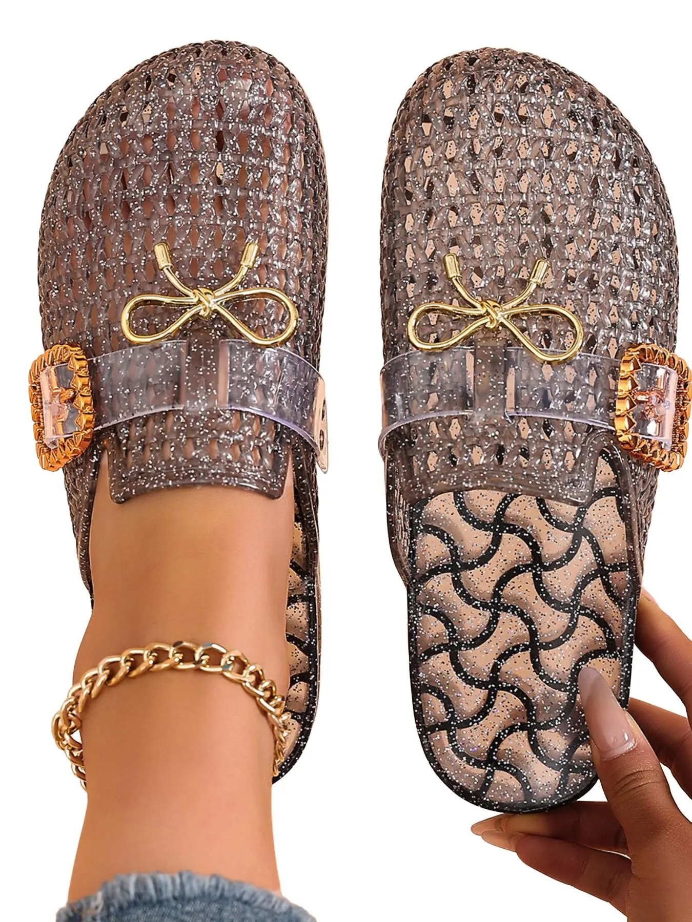 Women's Glitter Jelly Mules, Mesh Hollow Out Toe Flat Sandals, Metal Bow Waterproof Slip-On Shoes, Summer Beach Home Casual Footwear