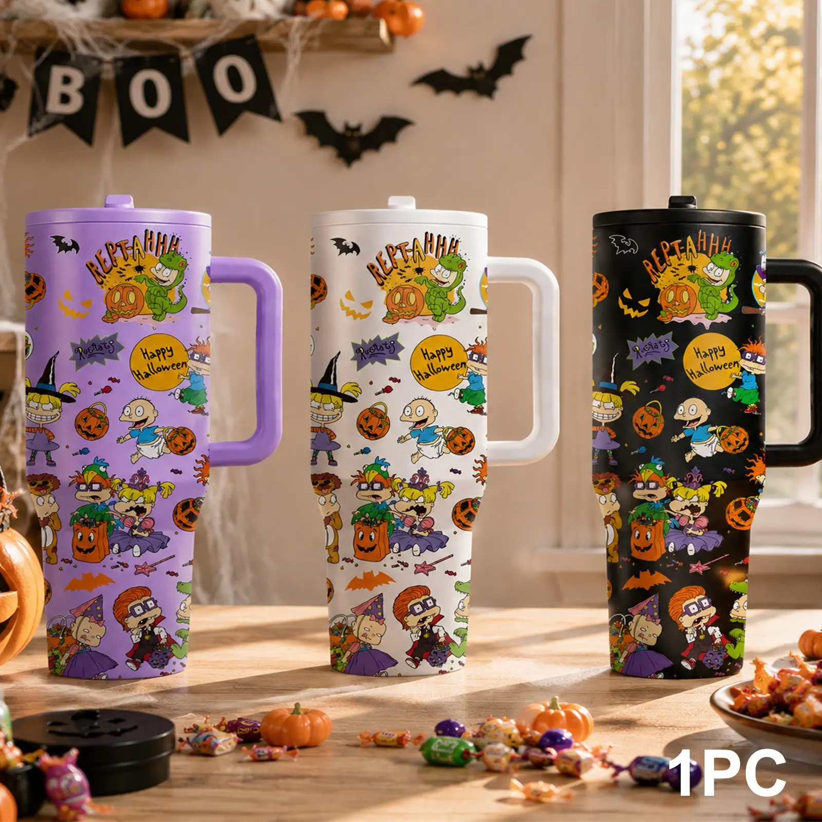 1PC 40oz Halloween Tumbler with Handle, Cute Spooky Cartoon Insulated Coffee Cup, Stainless Steel Travel Mug, Double Wall Vacuum Bottle, Leakproof Reusable Cup Holder Friendly Water Bottle for Fall Party Gift