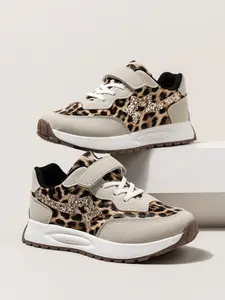 Leopard Print Sparkle Velcro Kids Aggressive Sports Shoes, Easy On/off, Anti-Slip Durable Sole, Perfect for School, Outdoor, Birthday Parties