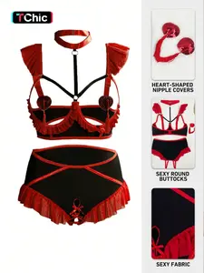 Valentine's Day Plus Size Fit Sexy Lingerie Set, Extreme Sexiness High Waist Open-Crotch Panties, Heart Fringe Bralette Bra & Thong, Steel Cup, All Seasons  clean girl style baddie lenceria sexi mujer