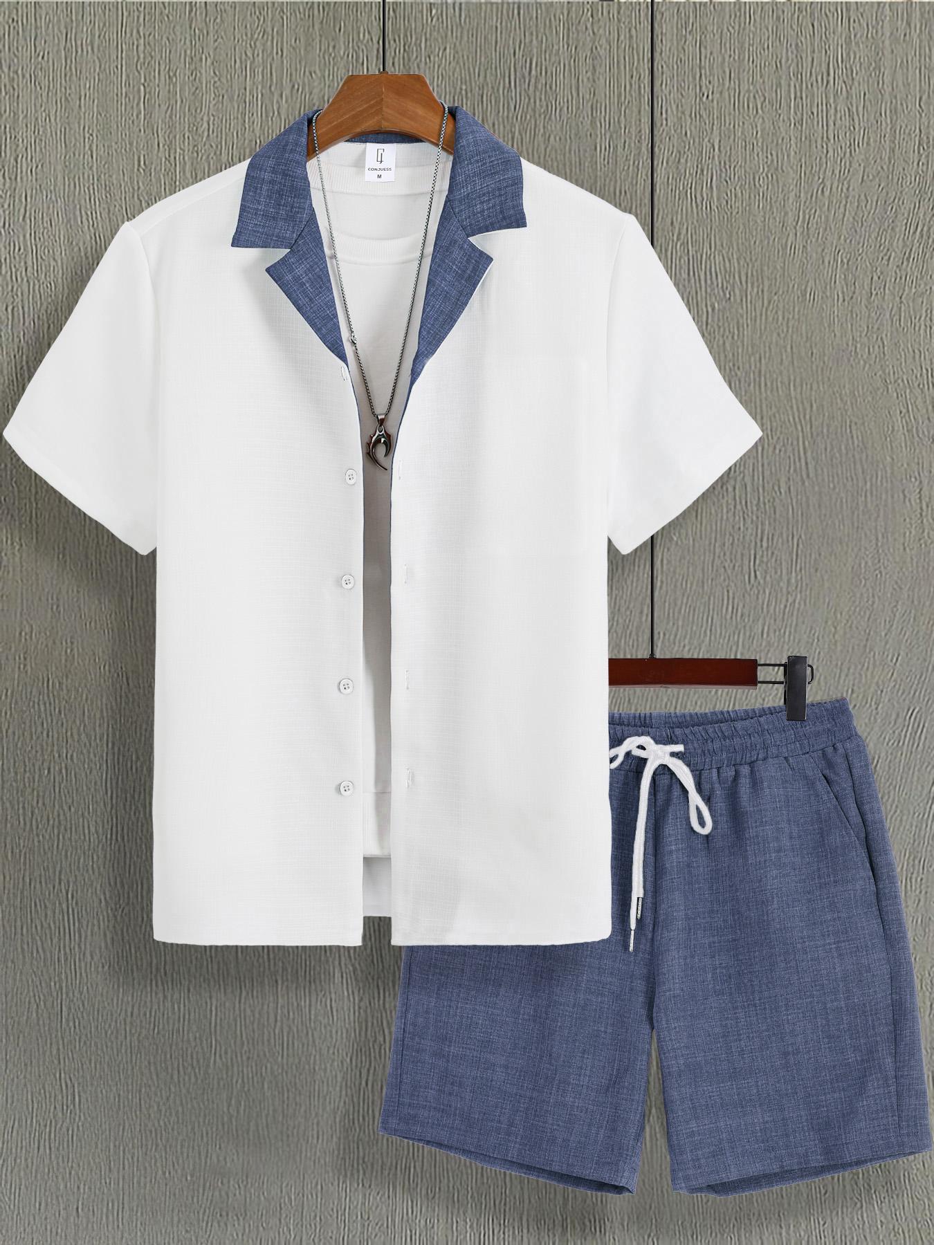 Men's Colorblock Print Short Sleeve Top & Shorts Loungewear Set, Regular Fit Casual Comfy Two-piece Pj Set, Men's Sleepwear for All Seasons, Menswear