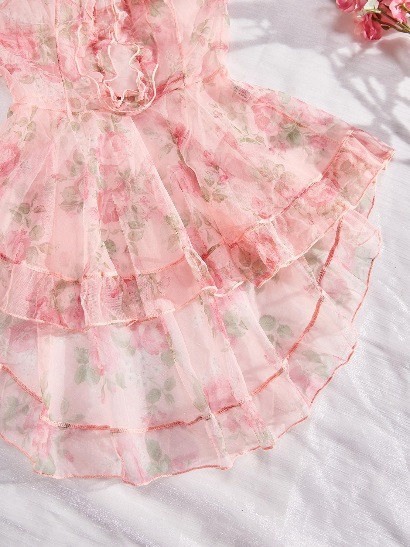 Women's Floral Print Ruffle Sheer Lace Cami Nightdress, Summer Clothes Women, Elegant Romantic Flowers Decor High Low Hem Nightgown for Daily Wear, Ladies Summer Clothes, Nightwear