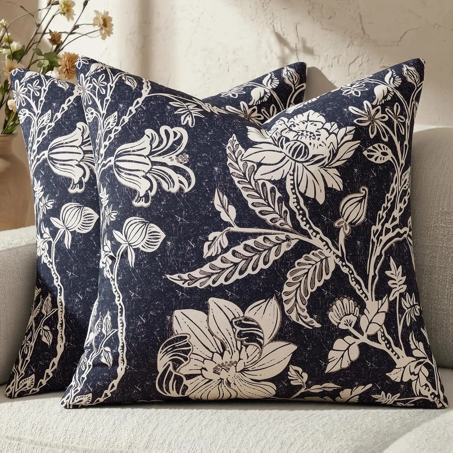 Navy Blue 18x18 Floral Pillow Covers Vintage Decorative Pillow Boho Patterned Covers Neutral Modern Farmhouse Square Cushions Cotton Accent Covers - Sofa Bed Living Room couch Pillowcases Set of 2