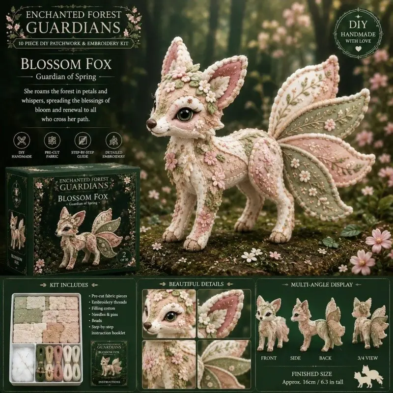 Embroidery patchwork set, handmade butterfly and deer plush sewing kit, including felt deer-shaped embroidery guide, fabric, needles, thread and beads. Suitable for beginner adults. 1 set, suitable as a holiday gift or a gift for relatives.
