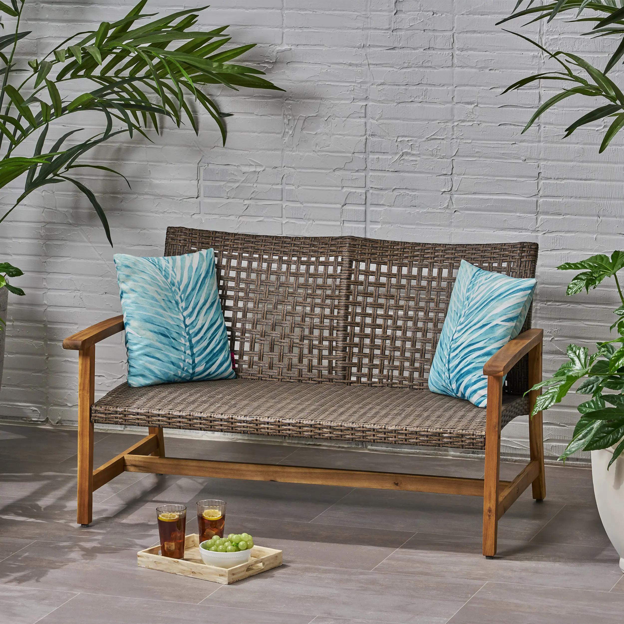 Nokaa Outdoor Loveseat 2-Seater Wicker Patio Sofa with Acacia Wood Frame and Iron Seat Frame, Handwoven Natural Rattan Garden Bench for Backyard, Porch, Deck, Balcony, Weather-Resistant Conversation Set, Assembly Required, 31W x 52D x 31.5H in