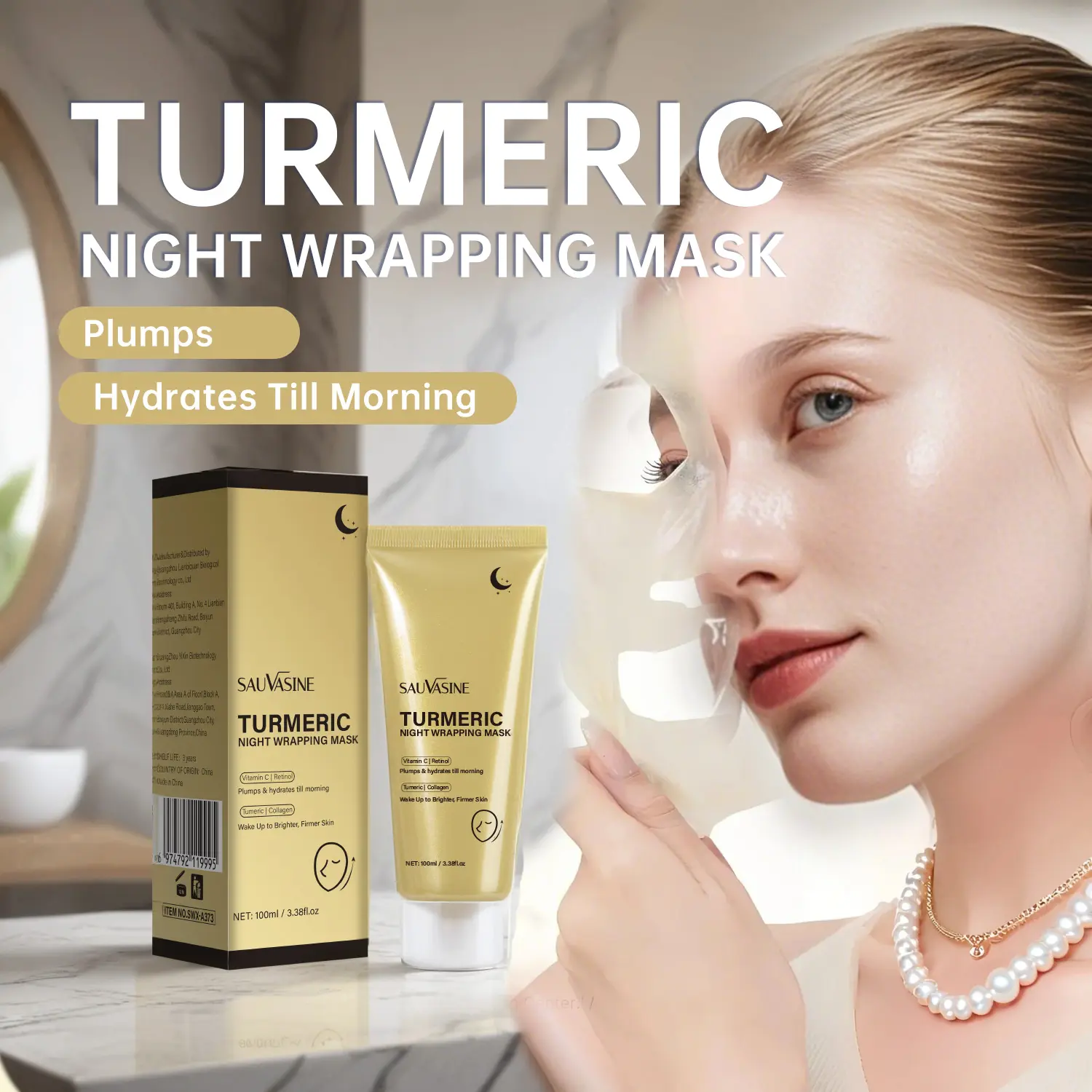 Turmeric Night Wrapping Mask, Overnight Sleeping Facial Mask with Kojic Acid, Brightening for Dark Spots & Uneven Skin Tone, Moisturizing Nourishing Skin Care Mask for All Skin Types