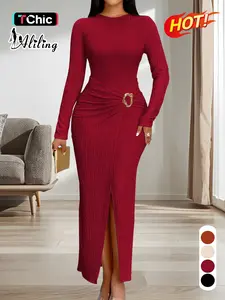 Aliling Christmas Dresses For Women Round Neck Long Sleeve Slim Fit Split Long Dresses Solid High Waist Bodycon Slim Female Elegant Party Clothing Casual