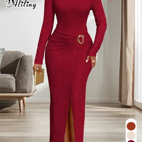Aliling Christmas Dresses Cocktail Party Dresses For Women Round Neck Long Sleeve Slim Fit Split Slit Long Dresses Solid High Waist Bodycon Slim Female Chic Elegant Party Clothing Casual Bodycon Evening Dress