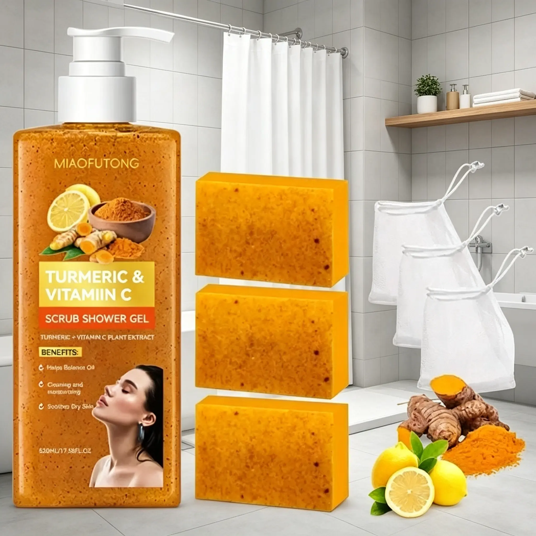 Turmeric & Vitamin C Body Care Set, Exfoliating Bath Gel + 3 Turmeric Soaps, Deep Cleansing, Moisturizing, Hydrating, Soothing, Suitable for All Skin Types, Body Care Bundle, Bodycare Package Set