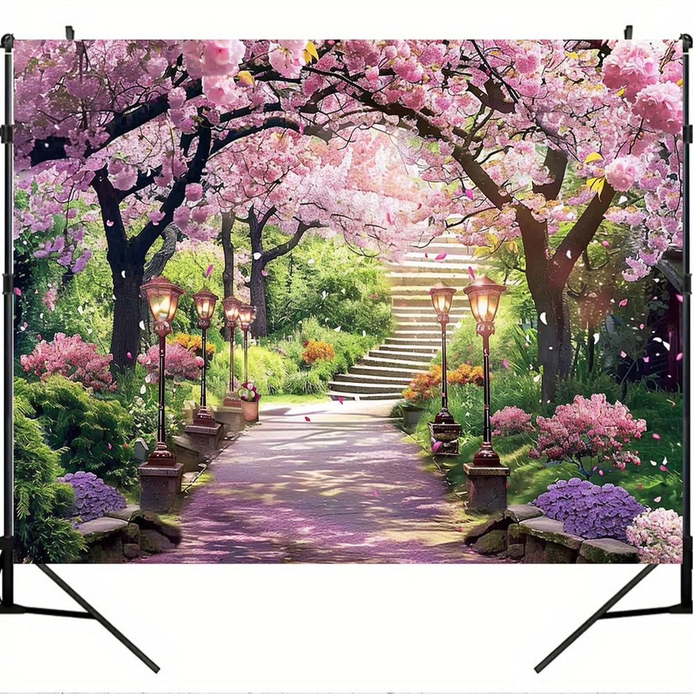 2D Flat, 2D Flat, 2D Flat Banner, 1pc Spring Floral Cherry Blossom Path Backdrop Photography Background for Wedding, Bridal Shower, Anniversary, Party Decoration, No Electricity Needed Yjx